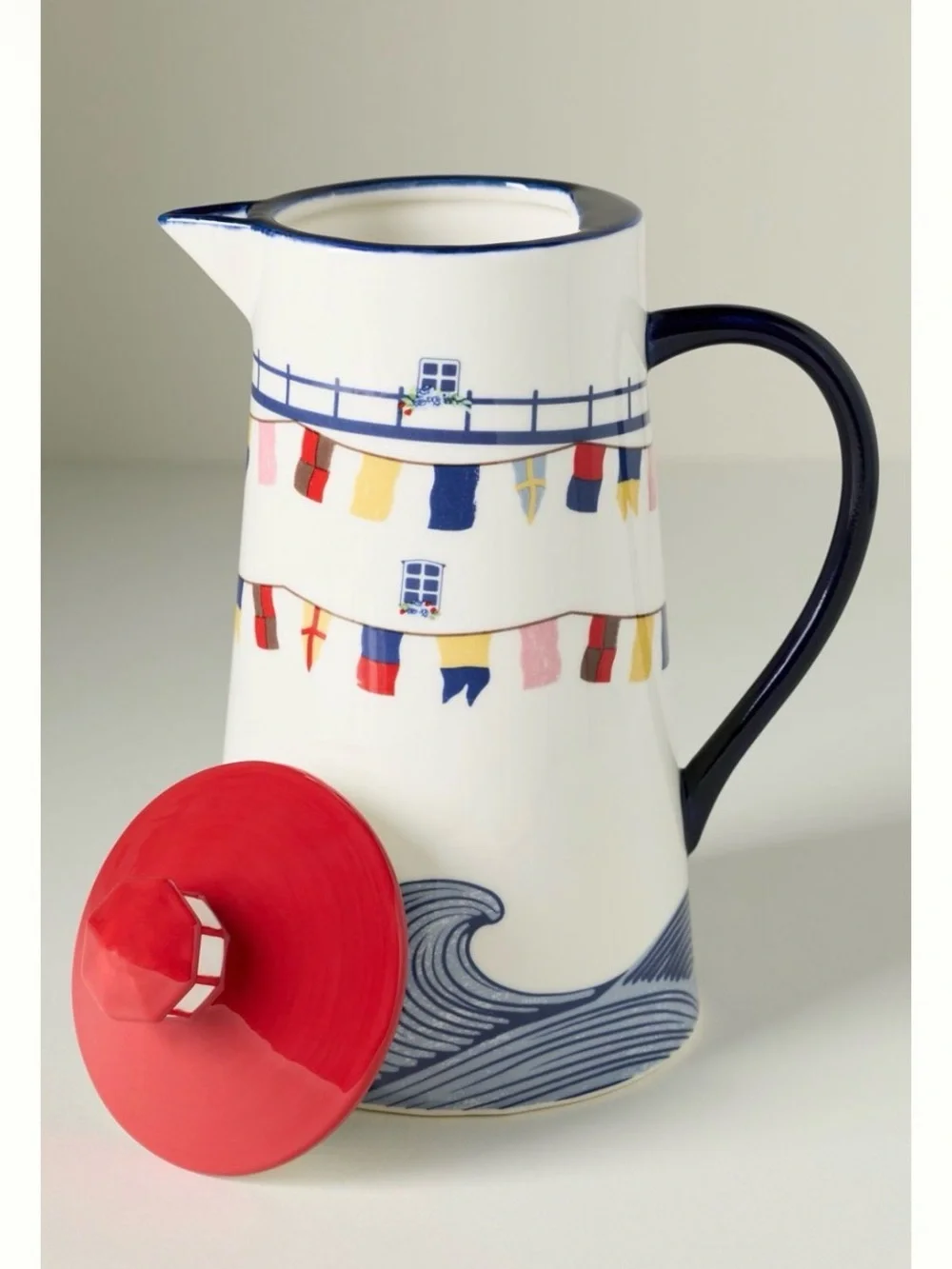 Set of 2!! Anthropologie maritime collection Flag Ceramic Pitcher with shakers